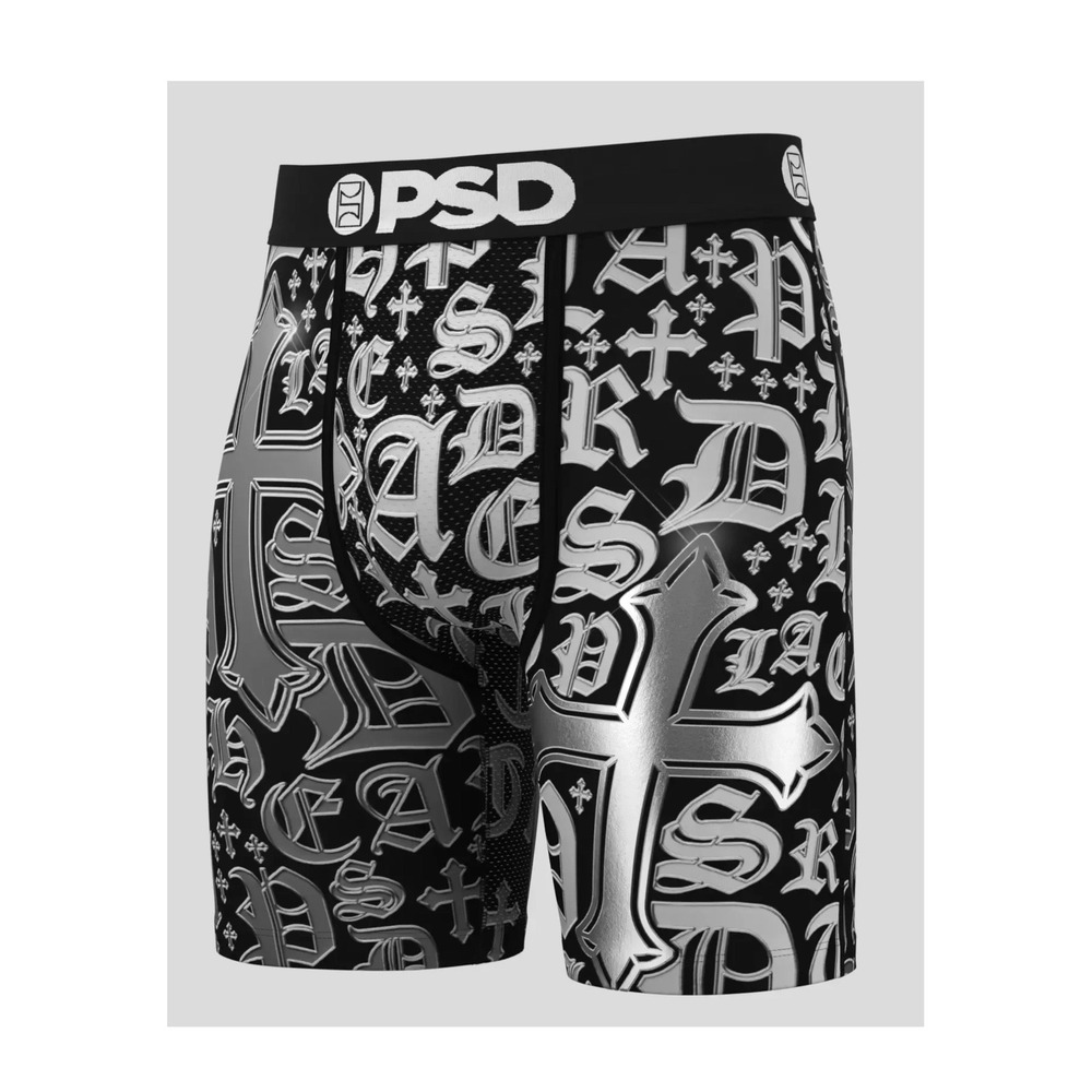 PSD Mens Chrome Letters Boxer Briefs Black Silver Foil Gothic Crosses New XL